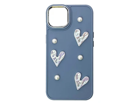 Накладка Luxury 3D silver heart and pearl iPhone 13/14 blue