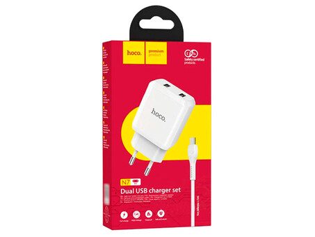 МЗП HOCO N7 2USB 2.1A + кабель Micro white