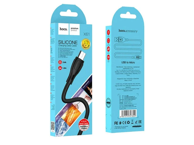 Кабель HOCO X61 Silicone Micro 2.4A (1m) black