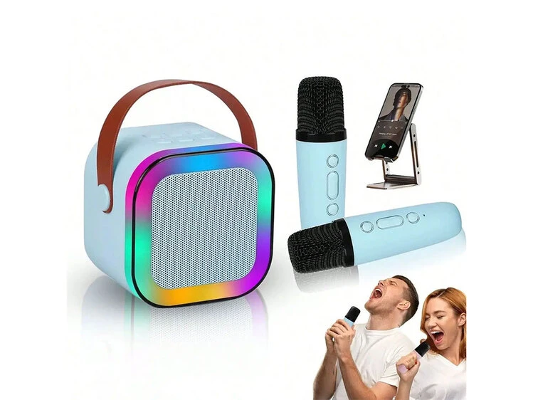 Bluetooth колонка K12 Led + 2 Wireless mic blue