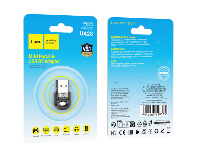 Bluetooth Adapter Hoco UA28 USB black