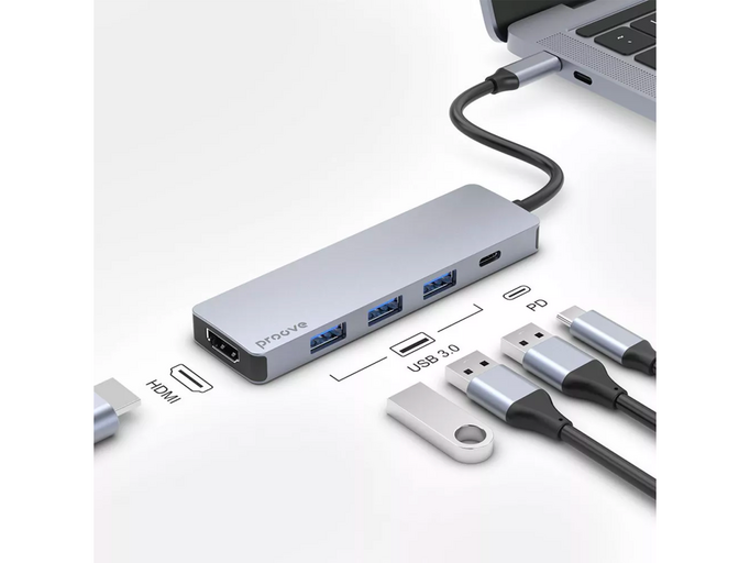 Type-C HUB Proove Iron Link 5 in 1 to 3USB 3.0*3 + 1Type-C + 1HDMI silver