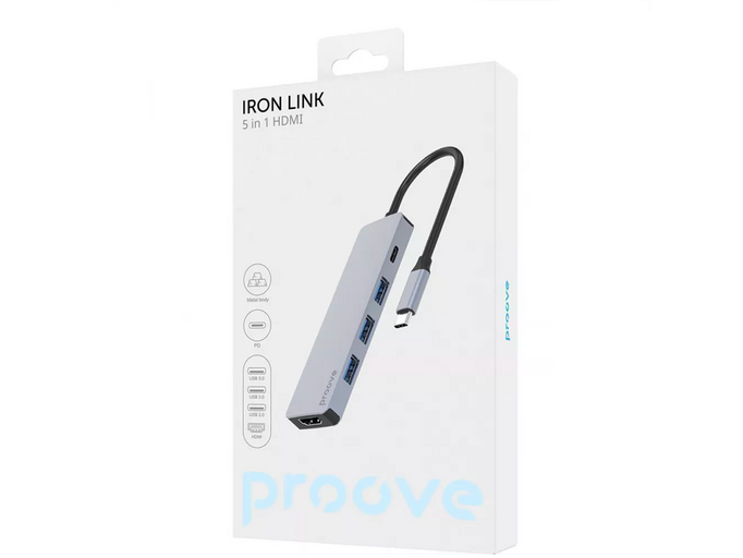 Type-C HUB Proove Iron Link 5 in 1 to 3USB 3.0*3 + 1Type-C + 1HDMI silver