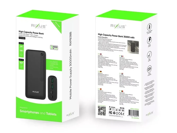 Power Bank Rixus RXPB38B 22.5W 30000 mAh black