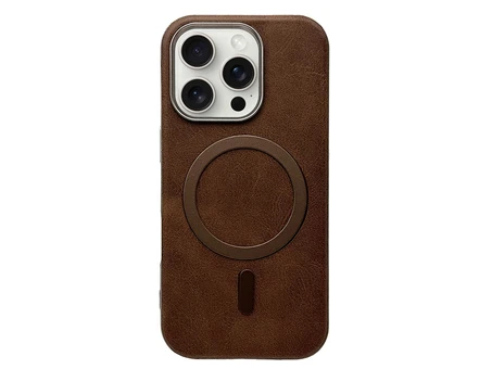 Накладка Leather Metal frame MagSafe iPhone 16 Pro brown