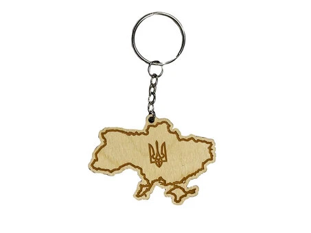 Брелок Деревянная Карта Украины с Эмблемой
