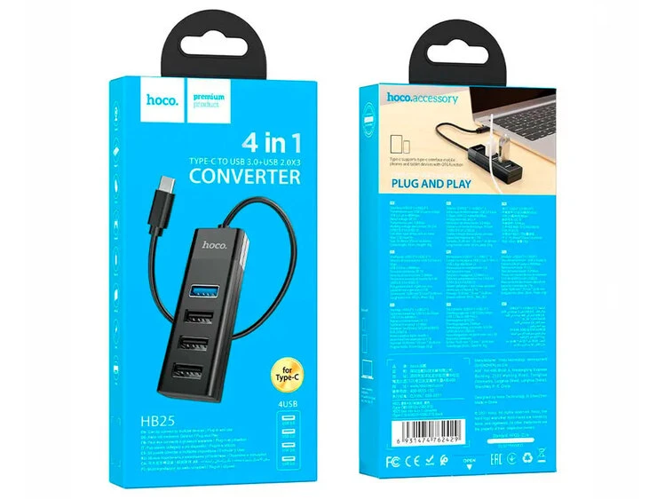 USB 3.0 HUB Hoco HB25 4 in1 Type-C to USB3.0+USB2.0*3 (0.25m) black