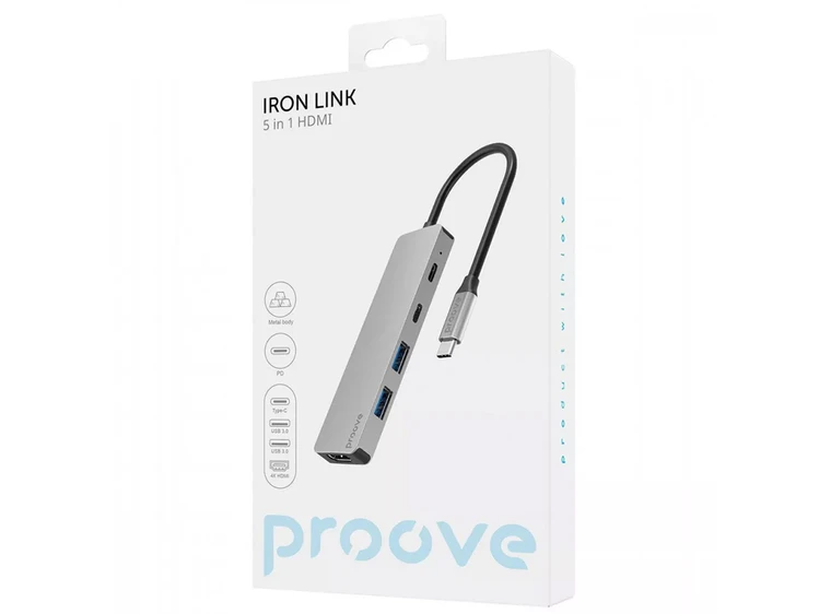 Type-C HUB Proove Iron Link 5 in 1 to 2USB 3.0 + 2Type-C + 1HDMI silver