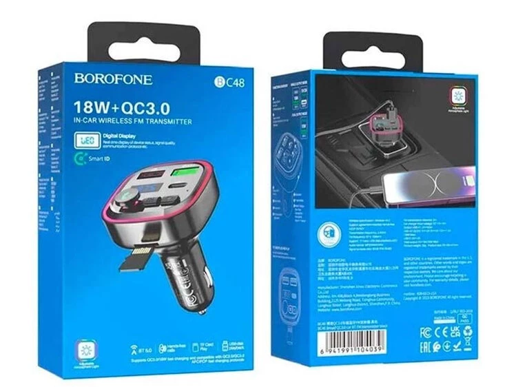 FM Модулятор BOROFONE BC48 2USB/1Type-C/18W/QC3.0 черный