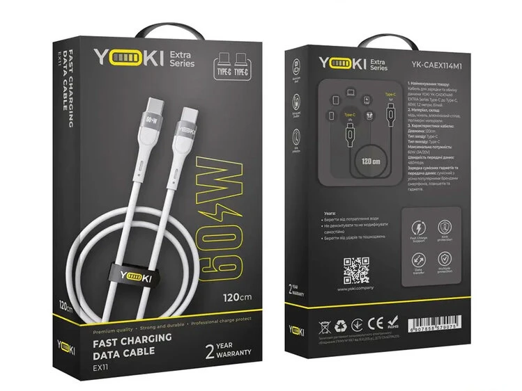 Кабель YOKI Extra EX11 Type-C to Type-C 60W (1.2m) white