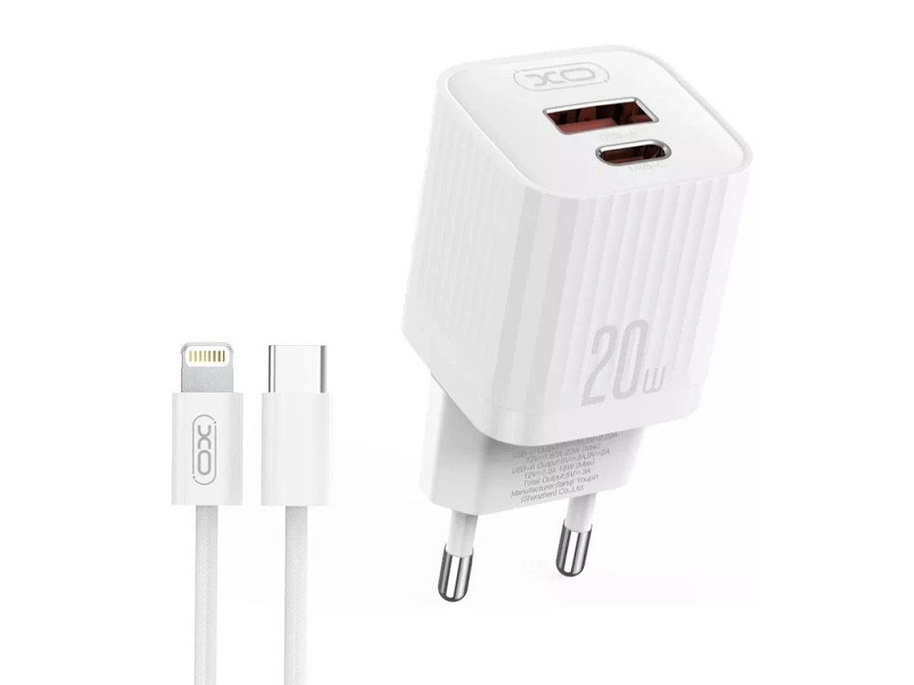 МЗП XO L147 1USB/1Type-C/20W + кабель Type-C-Lightning white