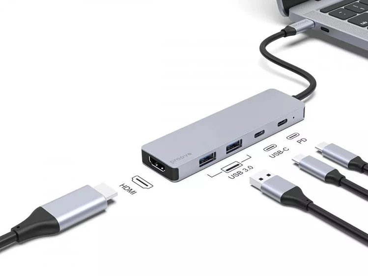 Type-C HUB Proove Iron Link 5 in 1 to 2USB 3.0 + 2Type-C + 1HDMI silver