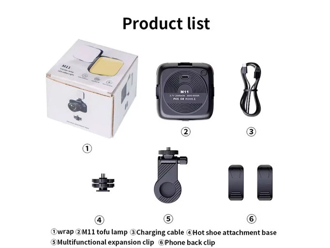 Портативное видеосвет M11 с зажимом для фиксации 2000mAh 3000-9900K 7,5*7,5см черный