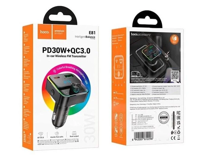 FM Модулятор Hoco E81 QC3.0/1USB/1Type-C/3.1A черный