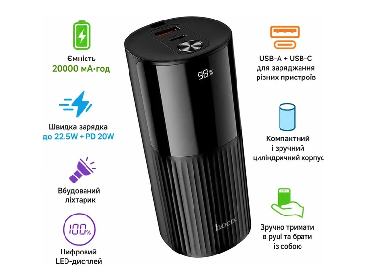 Power Bank Hoco J150 20W+22.5W 20000mAhUSB+Type-C LED Lamp black