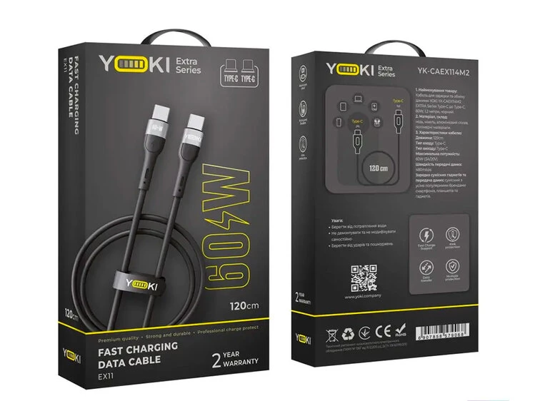 Кабель YOKI Extra EX11 Type-C to Type-C 60W (1.2m) black